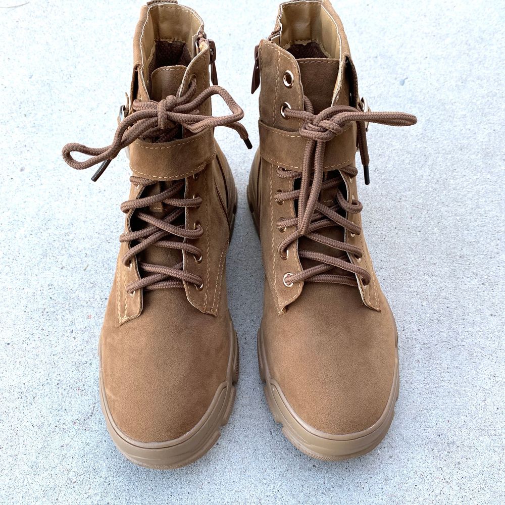 New Camel Brown Lace Zip Up Combat Moto Boots - Picture 6 of 7